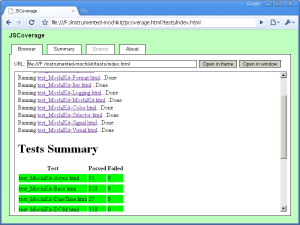 The MochiKit test suite, instrumented using JSCoverage