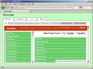 The MooTools test suite, instrumented using JSCoverage