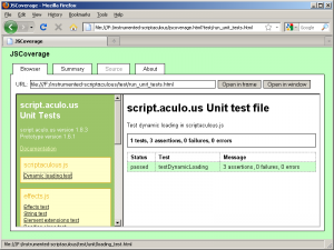 The script.aculo.us test suite, instrumented using JSCoverage