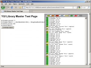 The instrumented YUI test suite, with "Coverage report" button